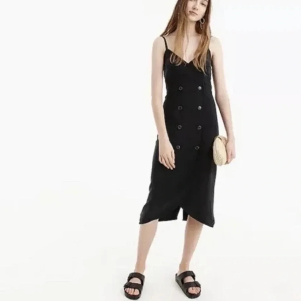 NWT J Crew 14 Double Breasted Black Strappy Japanese Cupro Midi Dress Preppy